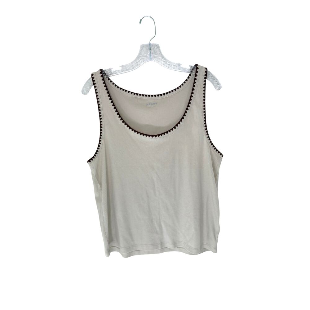 Old Navy Ribbed Tank‎ Top Cream Brown Embroidered Plus Stretch Casual Size XXL